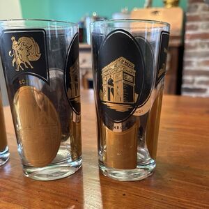 Vintage Set of 4 MCM Stancraft World Travelers Highball Black and Gold Tumblers